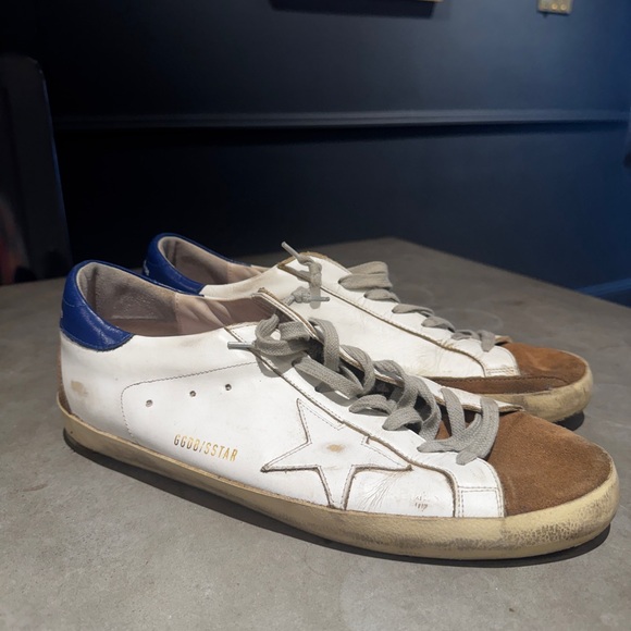 Golden Goose Men's White and Brown Sneakers with Blue Heel